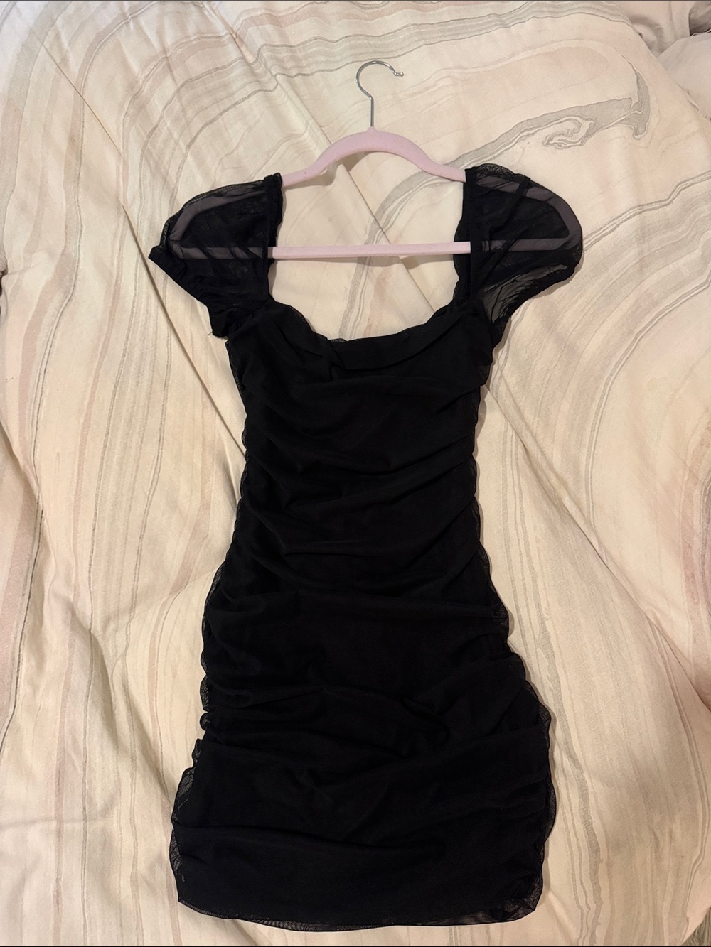 Princess Polly Black Ruched Mini Dress with Sheer Puff Sleeves